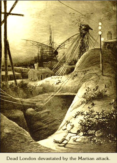 Zniszoczny Londyn, ilustracja Henrique Alvima Corrêi do Wojny Światów z wydania z 1906 r.